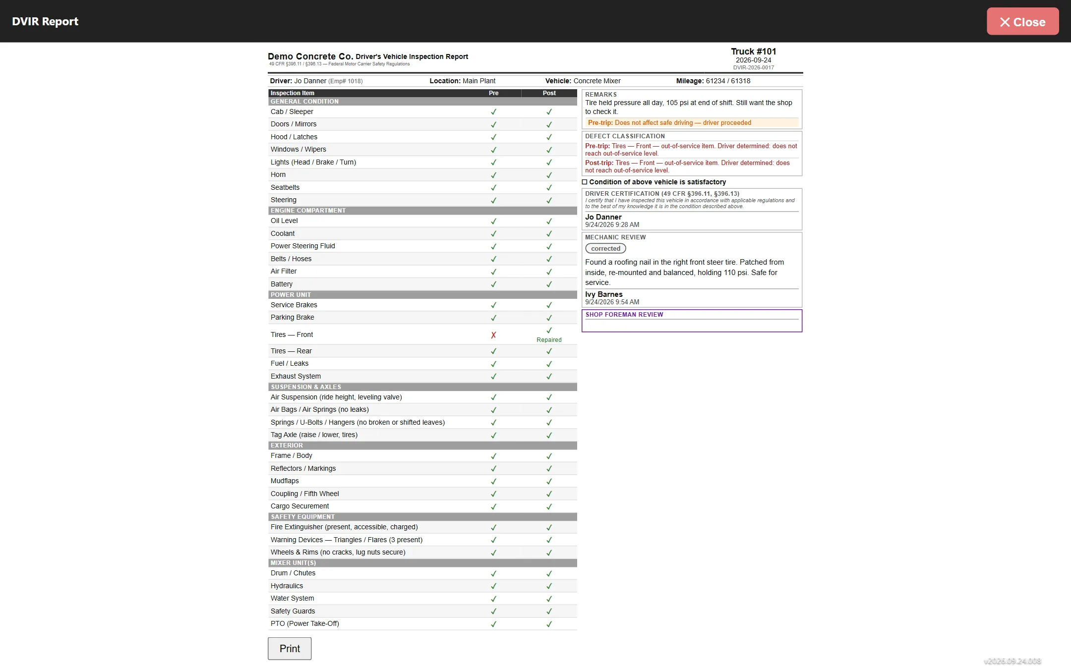A completed DVIR report on the office computer