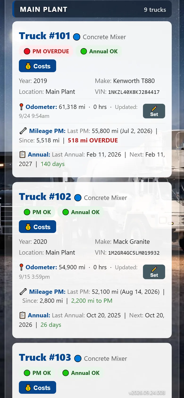 Fleet view with truck status