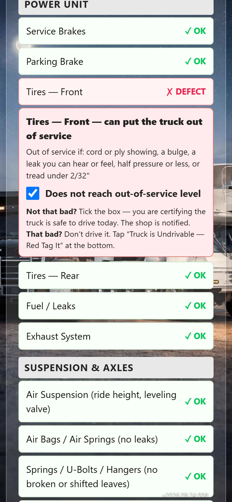 Reporting a defect on a pre-trip inspection