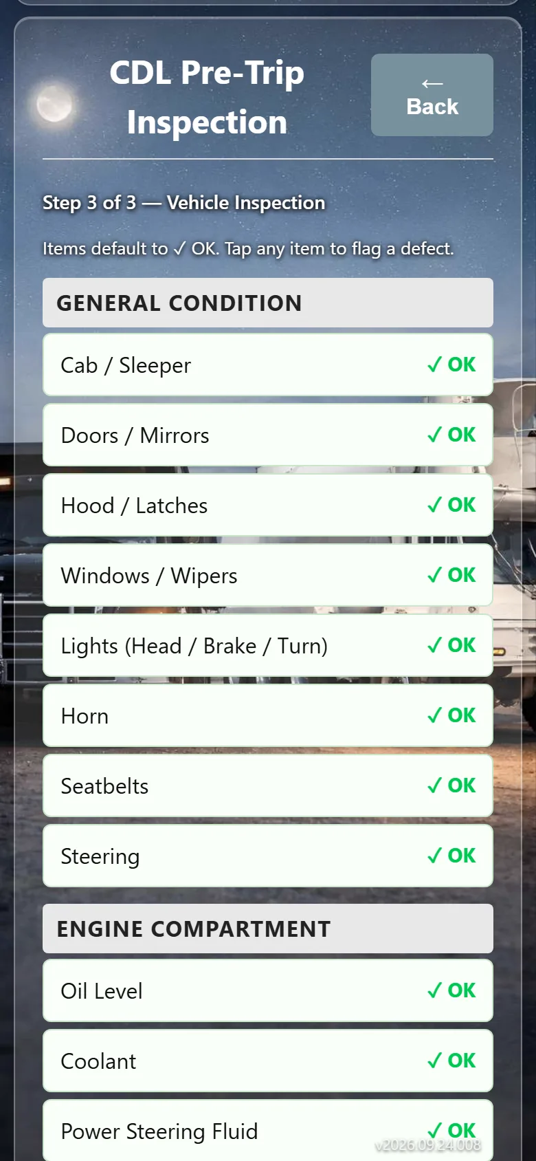 DVIR pre-trip checklist on a driver's phone